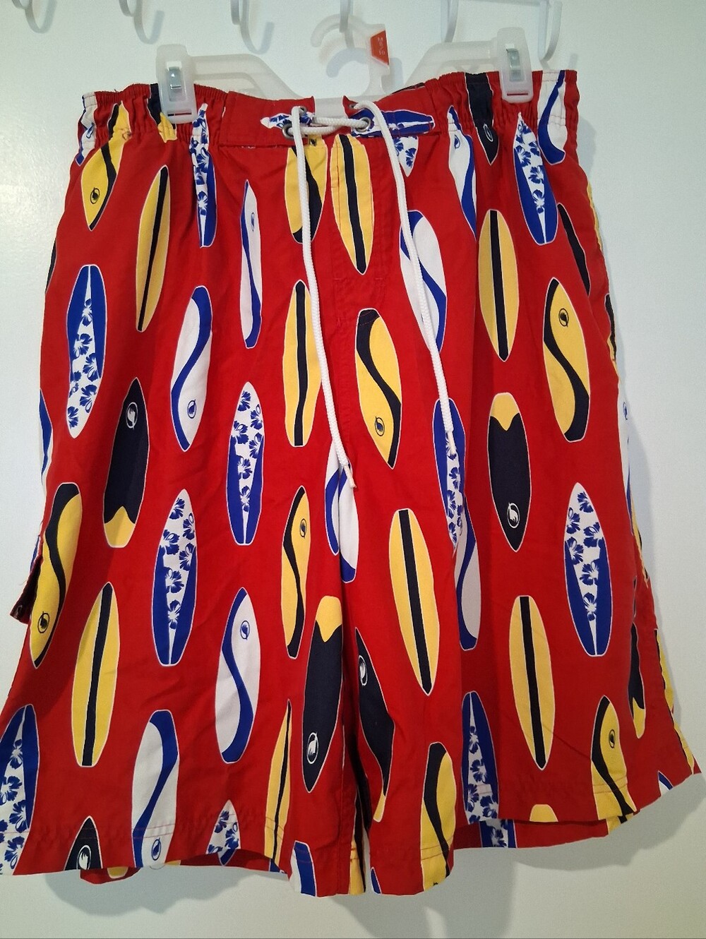 First Wave Red Surfboard Print Swim Trunks